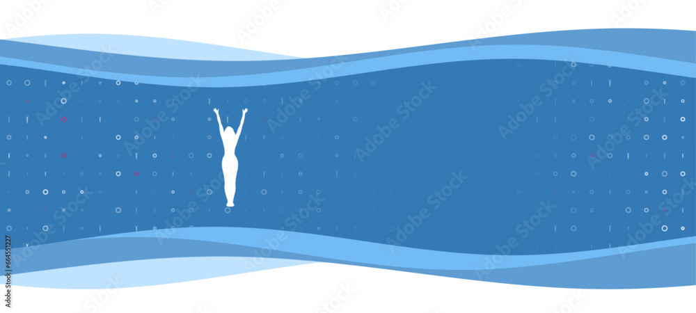 Poster blue wavy banner with a white woman stretches symbol on the left. on the background there are small 