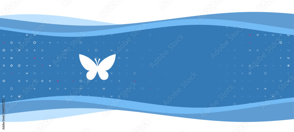 Poster blue wavy banner with a white butterfly symbol on the left. on the background there are small white 