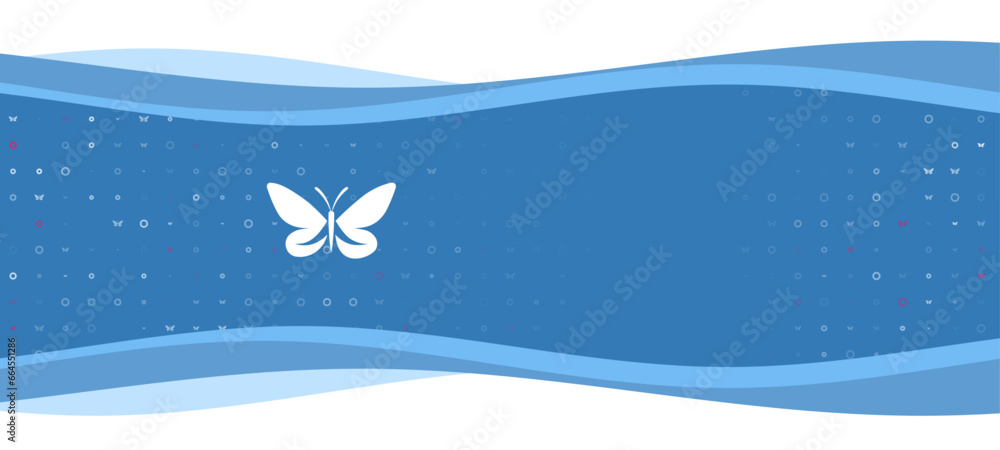 Poster blue wavy banner with a white butterfly symbol on the left. on the background there are small white 