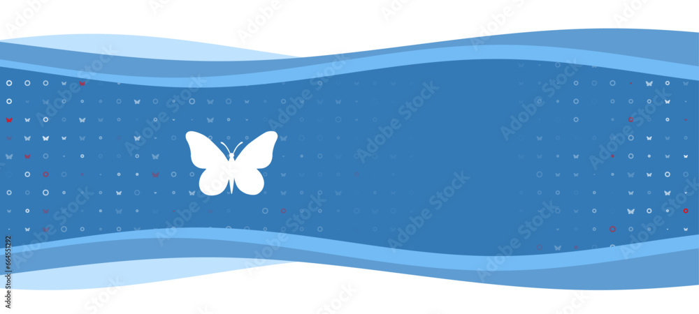 Poster Blue wavy banner with a white butterfly symbol on the left. On the background there are small white shapes, some are highlighted in red. There is an empty space for text on the right side