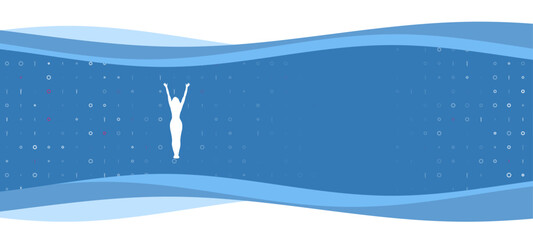 Blue wavy banner with a white woman stretches symbol on the left. On the background there are small white shapes, some are highlighted in red. There is an empty space for text on the right side