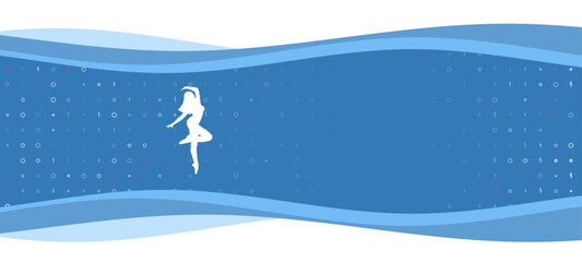 Blue wavy banner with a white ballerina symbol on the left. On the background there are small white shapes, some are highlighted in red. There is an empty space for text on the right side