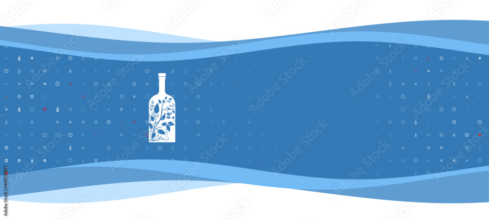 Poster blue wavy banner with a white a branch in a bottle symbol on the left. on the background there are s