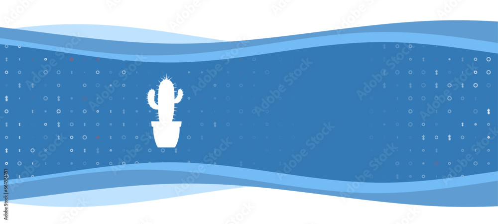 Poster Blue wavy banner with a white cactus symbol on the left. On the background there are small white shapes, some are highlighted in red. There is an empty space for text on the right side