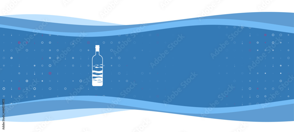 Poster blue wavy banner with a white the world in a bottle symbol on the left. on the background there are 