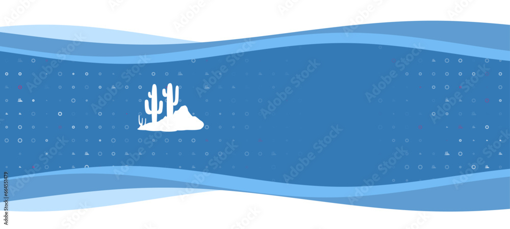 Poster blue wavy banner with a white wild cactus symbol on the left. on the background there are small whit
