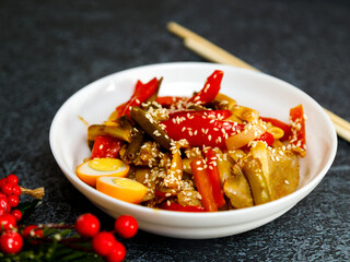 Potato salad with eggs, cucumbers, cabbage and red pickled onions. Delicious healthy summer salad