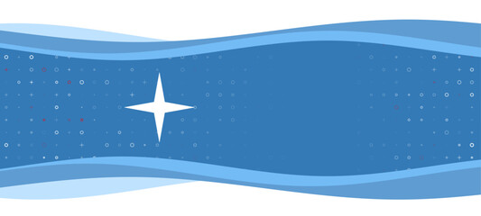 Obraz na płótnie Canvas Blue wavy banner with a white star symbol on the left. On the background there are small white shapes, some are highlighted in red. There is an empty space for text on the right side