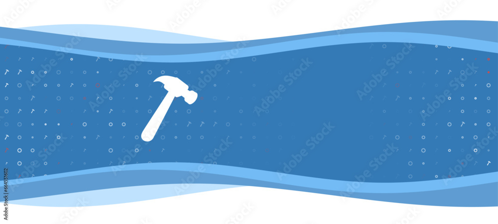 Poster blue wavy banner with a white hammer symbol on the left. on the background there are small white sha