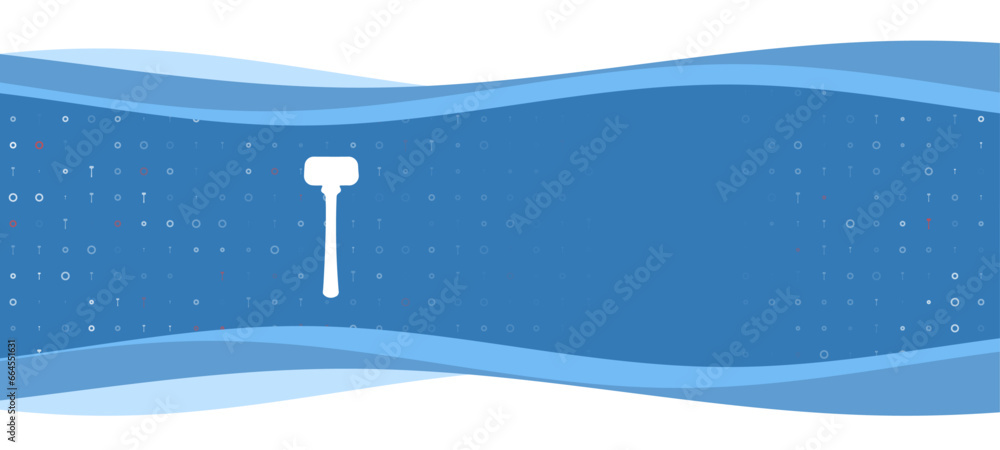 Poster blue wavy banner with a white mallet symbol on the left. on the background there are small white sha
