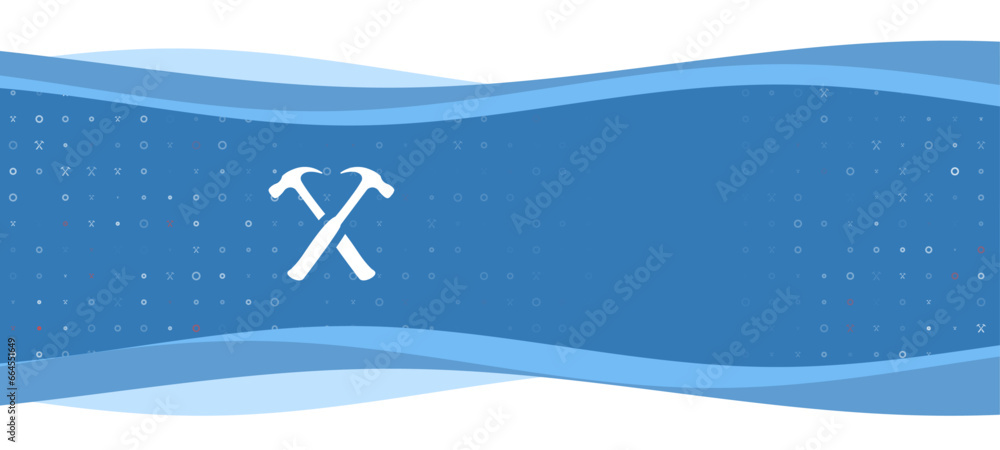 Poster blue wavy banner with a white crossed hammers symbol on the left. on the background there are small 