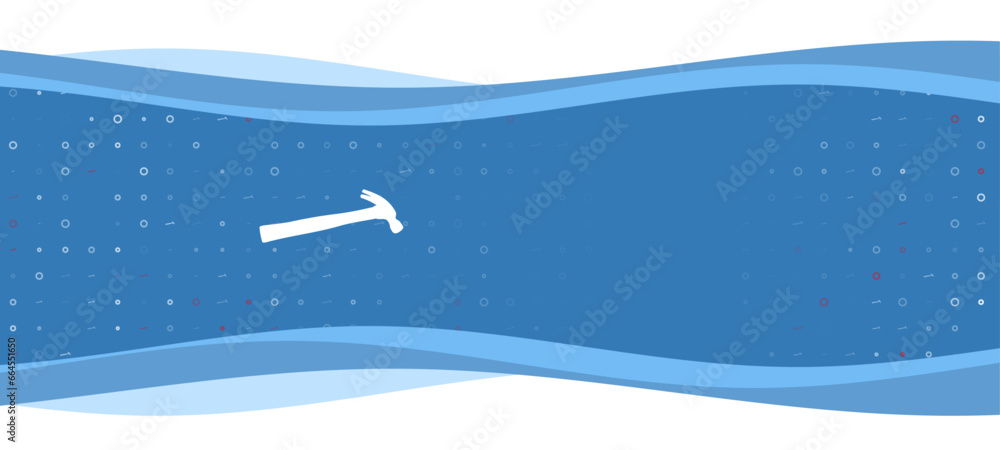 Poster blue wavy banner with a white hammer symbol on the left. on the background there are small white sha