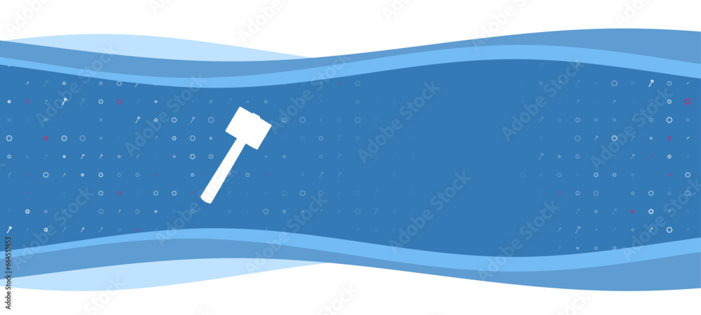 Poster blue wavy banner with a white mallet symbol on the left. on the background there are small white sha