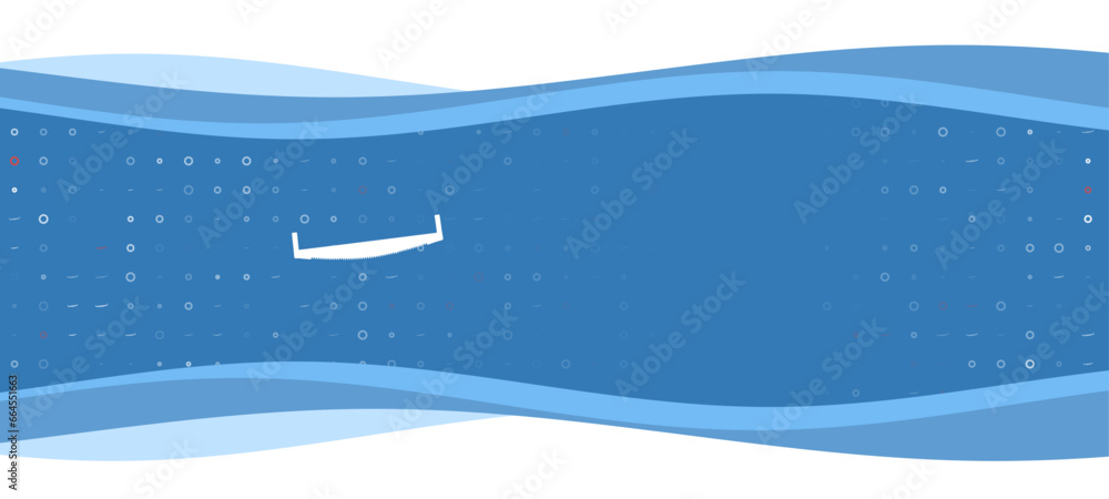 Poster blue wavy banner with a white two-handed saw symbol on the left. on the background there are small w