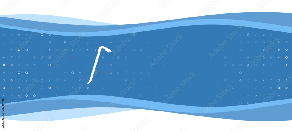 Poster blue wavy banner with a white crowbar symbol on the left. on the background there are small white sh