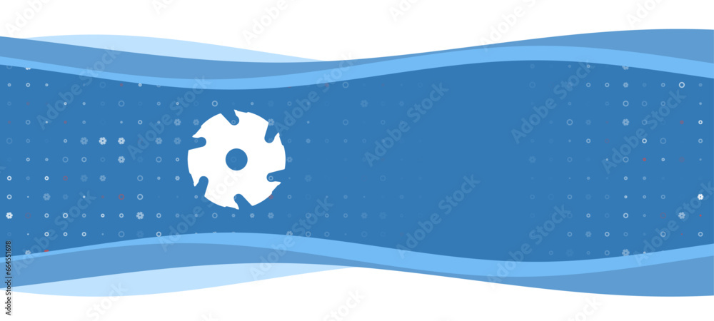 Poster blue wavy banner with a white milling disc symbol on the left. on the background there are small whi