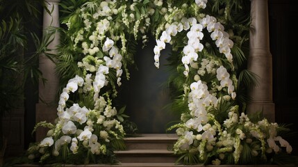 Fototapeta na wymiar a cascading arrangement of white orchids and cascading greenery, resembling a lush waterfall of flowers.