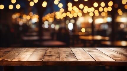 Empty wood table with bokeh light background.