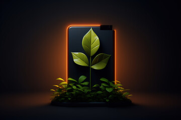 Renewable Energy Symbol: Battery with Growing Leaves