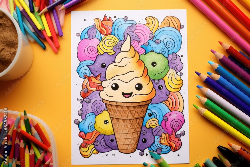 Poster a drawing of an ice cream cone with a smiling face. generative ai