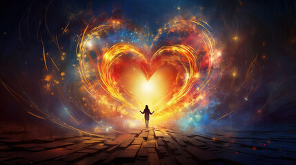 Woman reaching out to a glowing heart made of light and energy. Symbol of love and kindness in the sky. Colorful artistic background. - obrazy, fototapety, plakaty