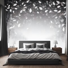  3D illustration of a beautiful winter interior design with a large windowmodern interior design with a  3D rendering .