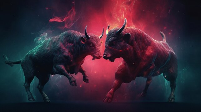 a black bull win a fight against a red bear with.Generative AI