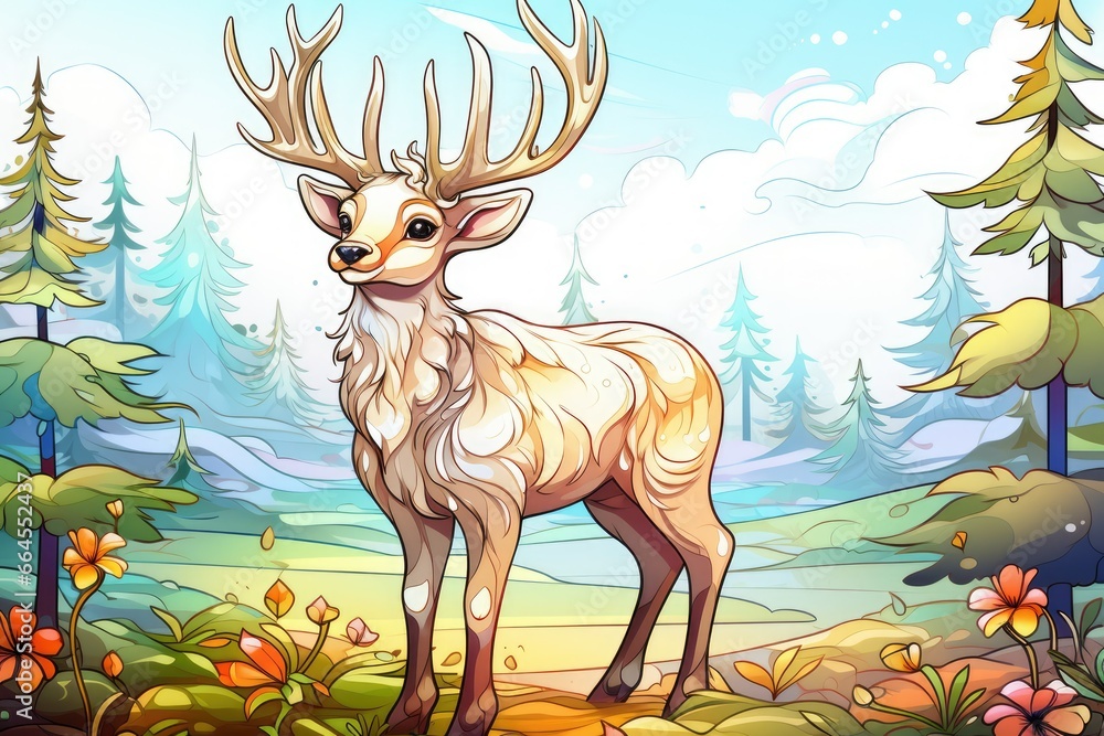 Poster a deer standing in the middle of a forest filled with trees. generative ai