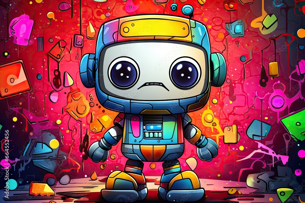 Poster a robot with headphones standing in front of a red background. generative ai