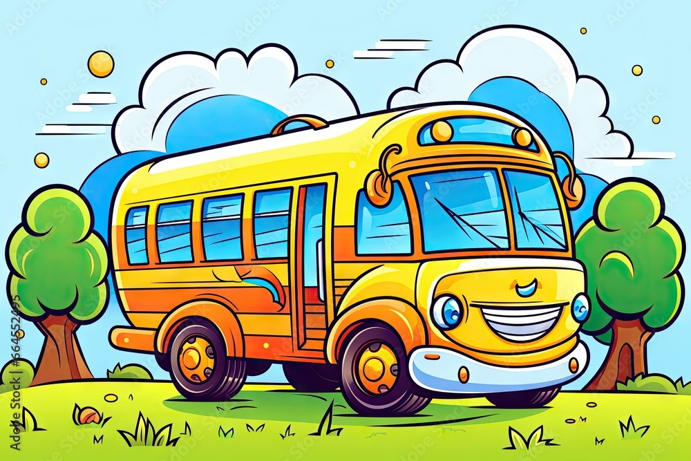 Poster a cartoon bus is parked in a field with trees and clouds. generative ai