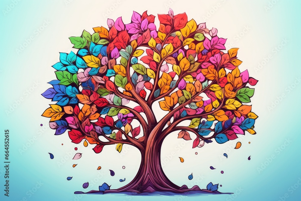 Poster a colorful tree with lots of leaves on it's branches. generative ai