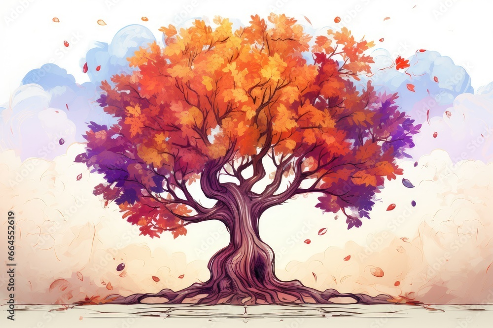 Poster a colorful tree with lots of leaves on it's branches. generative ai