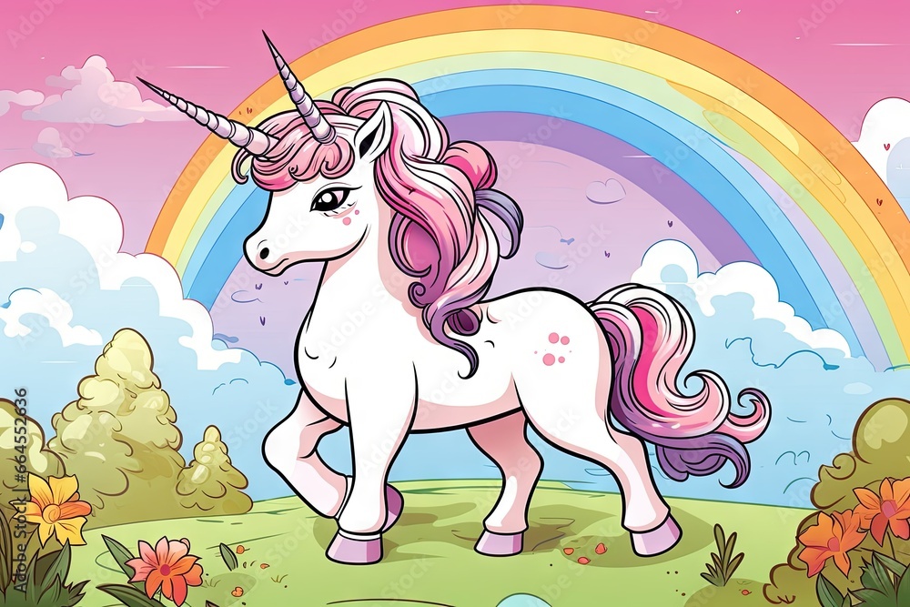 Poster a cartoon unicorn standing in a field with a rainbow in the background. generative ai