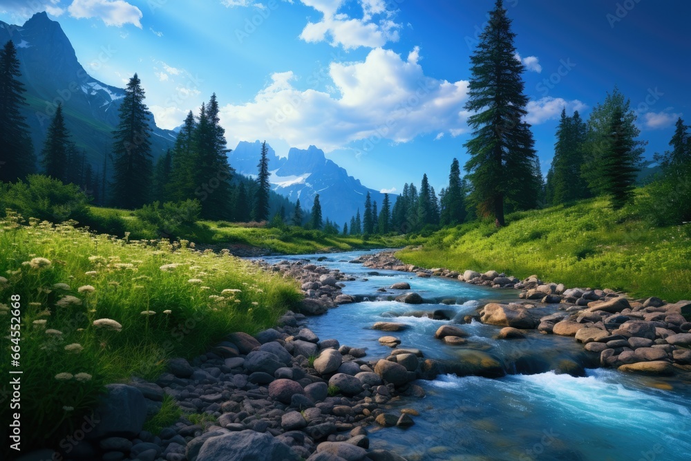 Poster a stream running through a lush green forest filled with rocks. generative ai