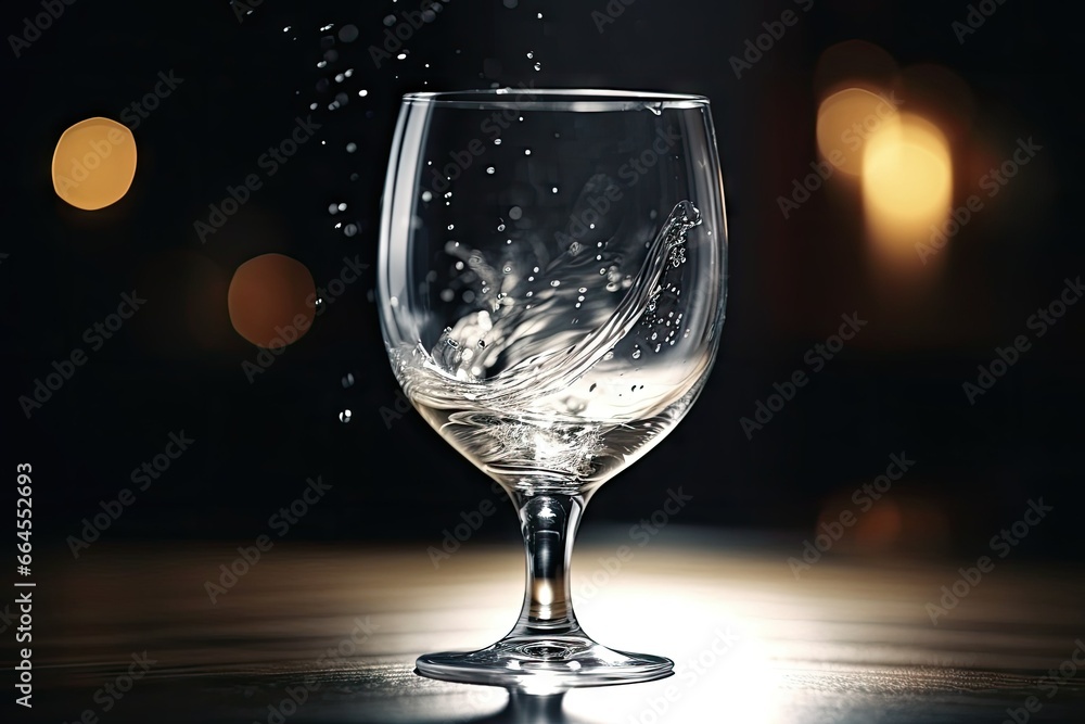 Poster a wine glass with water splashing out of it on a table. generative ai
