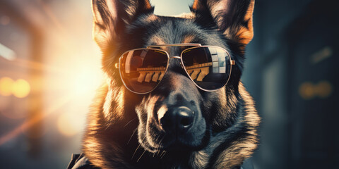 A German Shepherd, dressed as a security officer, stands confidently with sunglasses, offering wide banner space for text.