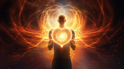 Loving person holding a glowing heart, surrounded by light and energy. Concept of soul, love, spiritual healing, mystical experience, and energy work.