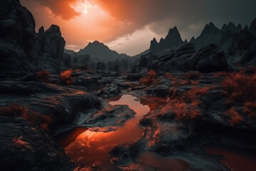 Dim light of the red dwarf star reflects in the lake on a rocky alien planet