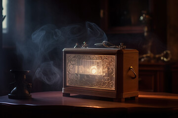 Ornate vintage spirit box with ghostly mist around - obrazy, fototapety, plakaty