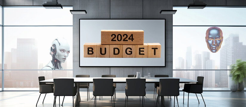 Mesa de directorio preparada para la reuni&oacute;n del budget 2024 con un robot y un humanoide acechando por las ventanas simbolizando el impacto que tendr&aacute; la inteligencia artificial en los negocios. 