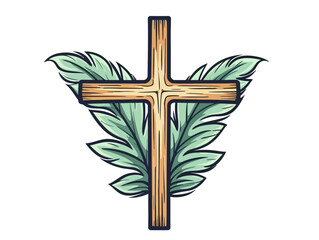 Doodle Cross with palm branches, cartoon sticker, sketch, vector, Illustration, minimalistic