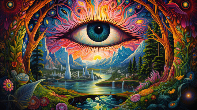 Third Eye looking over a colorful psychedelic landscape. Meditation, lucid dreaming, hallucinations, and mystical experience concepts.