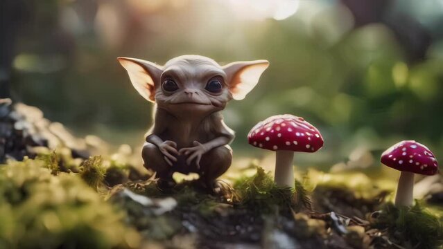 Cute Stop Motion Style Goblin Creatures Next to Mushrooms and Toadstools. Claymation Style Fairy Creatures in a Garden. Slow Motion, Shallow Depth of Field, Fantasy Animated Background. Three Clips.