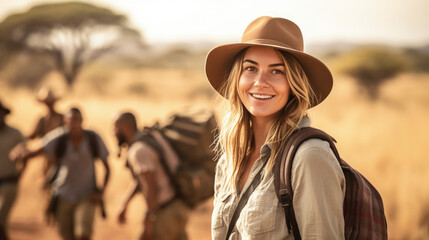 This image features a young woman on an African safari, dressed for adventure with blurred wildlife in the backdrop.