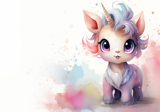 Funny invitation card with watercolor unicorn, for children's parties or other uses. AI generated
