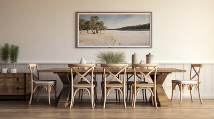Painted Trestle Table, Mixed Seating on Linoleum Floor, Wood Panel Wall. Casual Country-Style Dining Room.