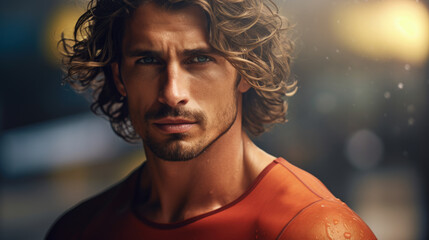 This portrait showcases a dashing surfer man against a blurred backdrop, highlighting his athleticism and passion for the sport.