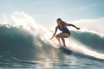 Surfing Photo Series - Female Surfer Riding a Wave on Surfboard, created with Generative AI technology