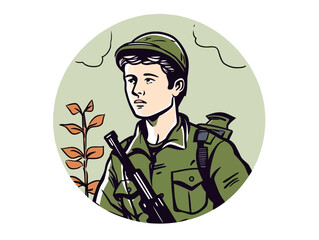 Doodle Vietnam War soldier, cartoon sticker, sketch, vector, Illustration, minimalistic