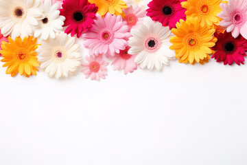 minimalistic white background with gerberas, top view with empty copy space